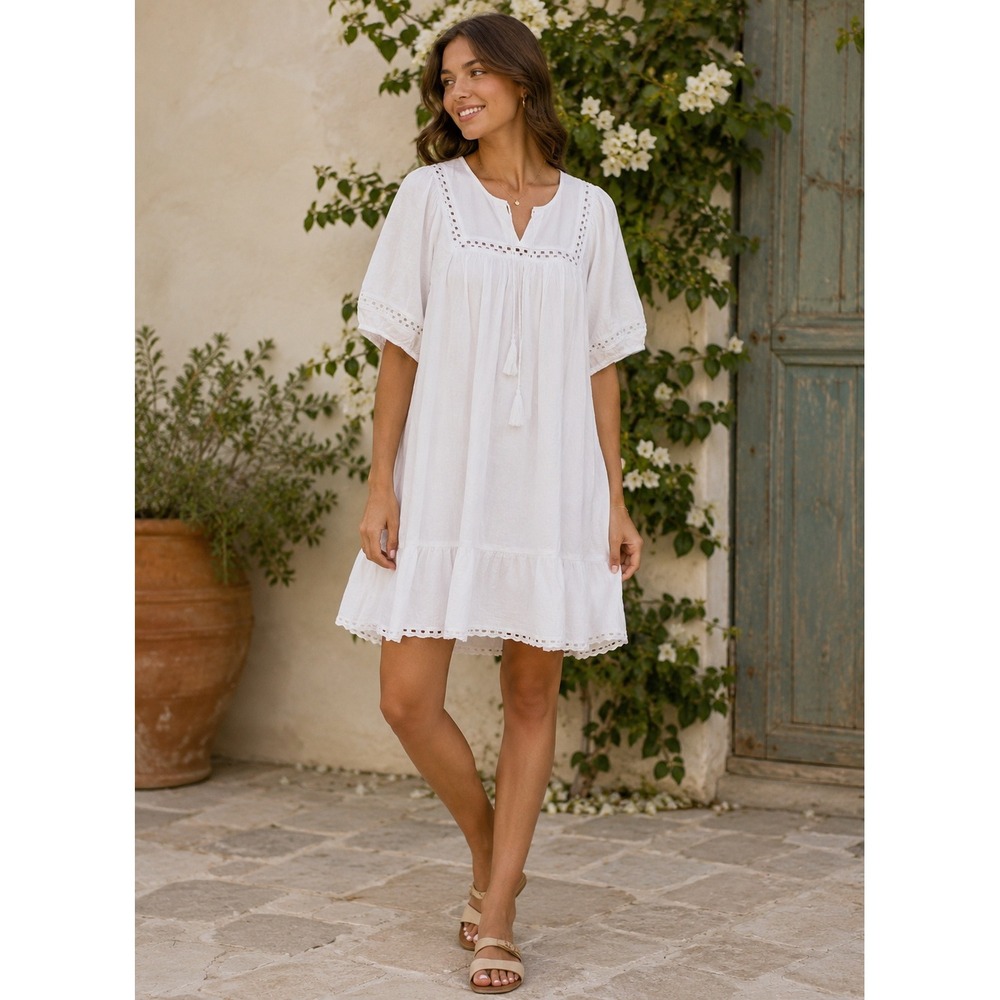 Babydoll Dress Womens XL White Gauze Crochet Boho Mini Coastal Cottagecore Airy